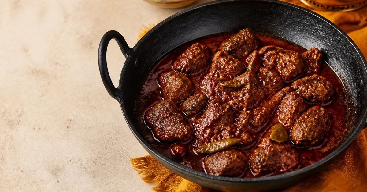 A serving bowl of dark Bangladeshi beef bhuna with tender beef pieces coated in glossy, oil-separated onion masala.