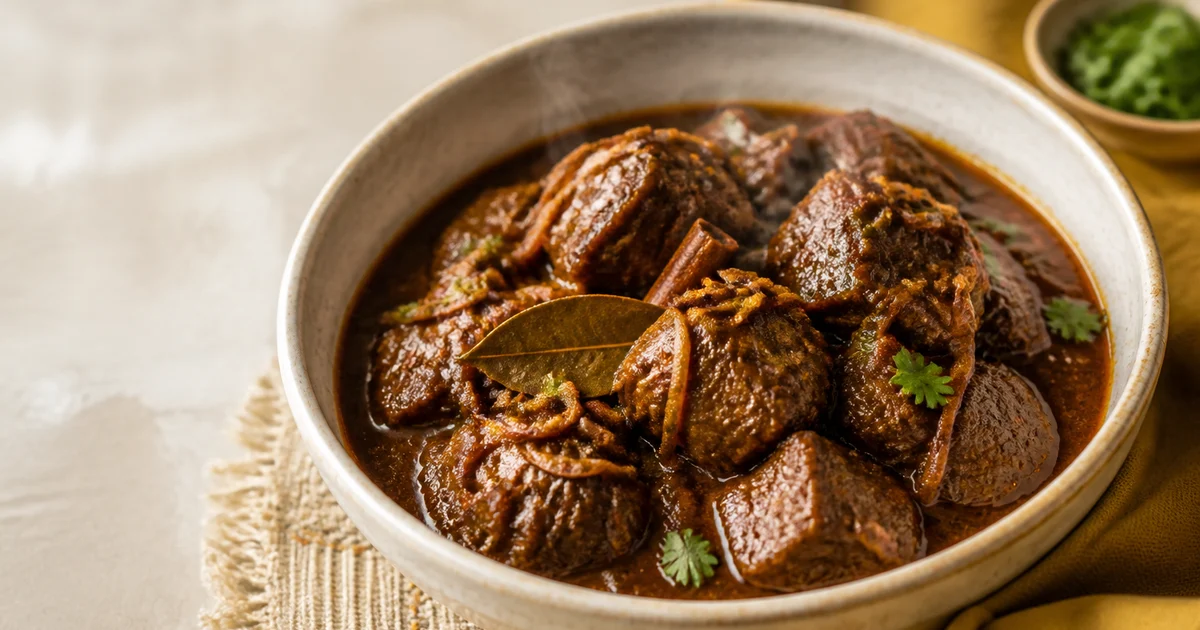 A large serving bowl of Bangladeshi beef kalia with bone-in beef, potatoes and glossy red-brown ghee-rich gravy.