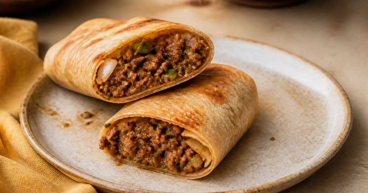 Bangladeshi beef rolls filled with dry spiced beef and crisp vegetables, wrapped tightly in browned paratha.