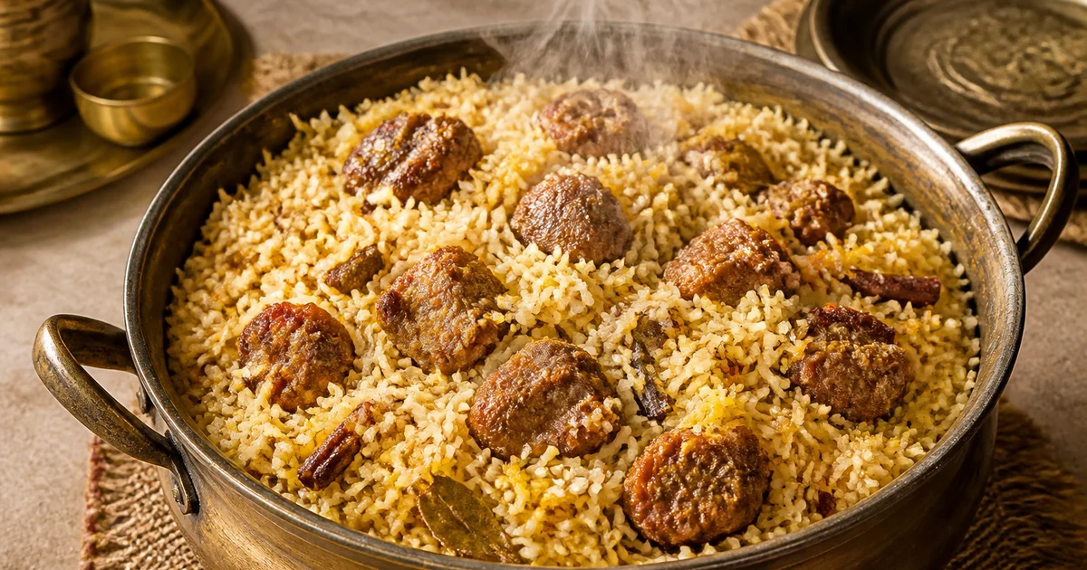 A commercial pan of Bangladeshi beef tehari with aromatic short-grain rice, tender beef cubes, green chillies and a mustard-oil sheen.