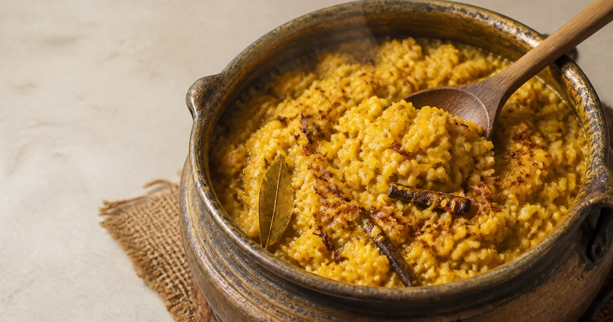 A large serving bowl of golden Bangladeshi bhuna khichuri with visible moong dal, potatoes, green chillies and fried onions.