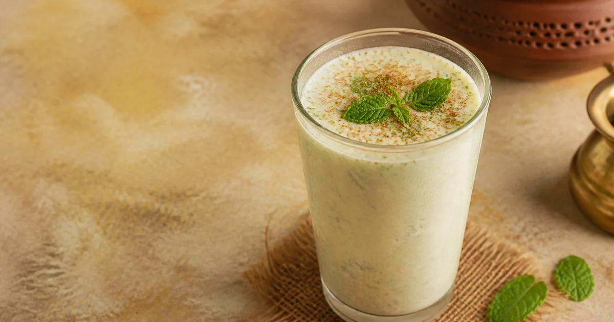 Chilled Bangladeshi borhani in clear bottles and glasses, garnished with mint beside a platter of kacchi biryani.