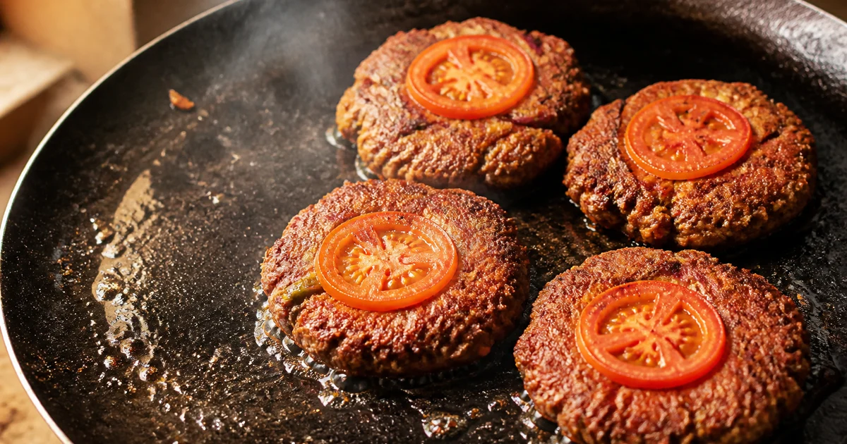 Wide, flat chapli kebabs with browned edges, visible tomato, crushed coriander and fresh green herbs arranged for restaurant service.