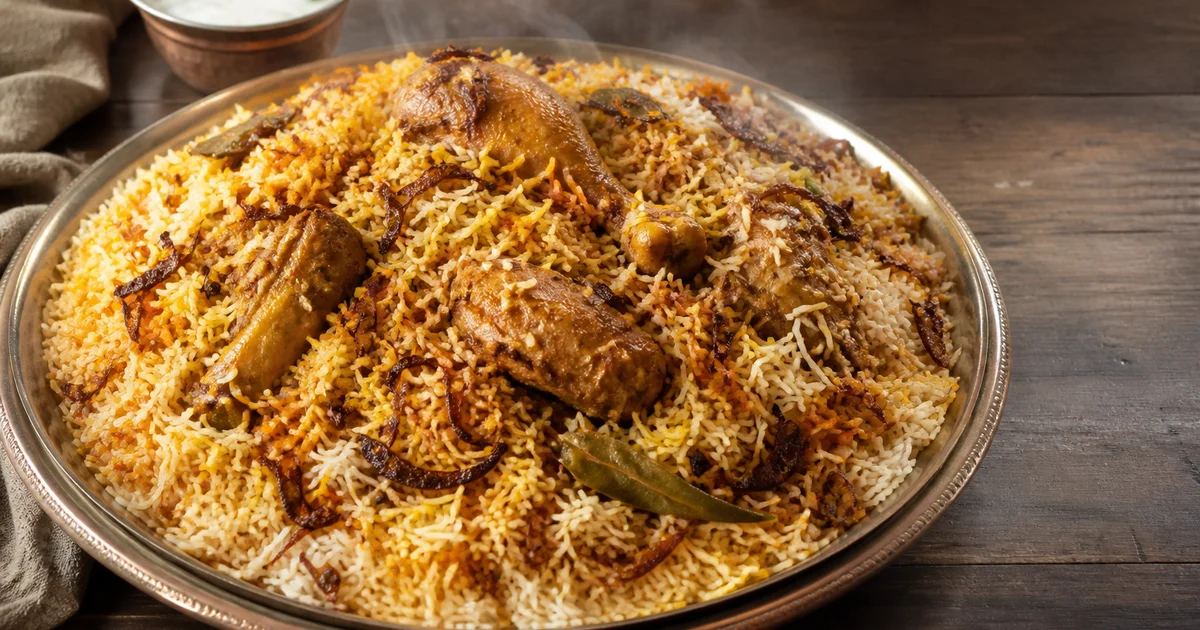 A large handi of Bangladeshi chicken biryani with long-grain rice, bone-in chicken, potatoes, fried onions and green chillies.