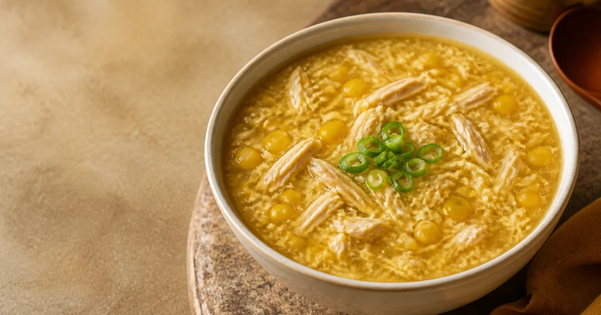 A bowl of thick chicken corn soup with shredded chicken, sweet corn, egg ribbons and sliced spring onion.