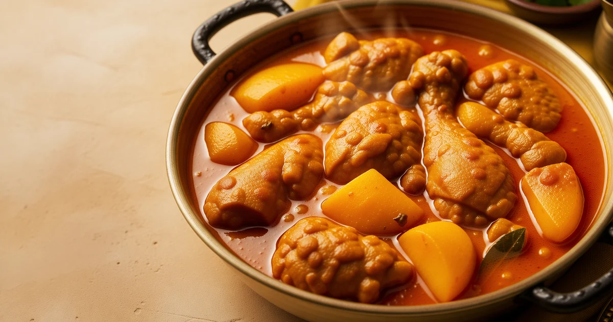 A deep serving pot of Bangladeshi chicken curry with bone-in chicken pieces, red-brown onion gravy, green chillies and coriander leaves.