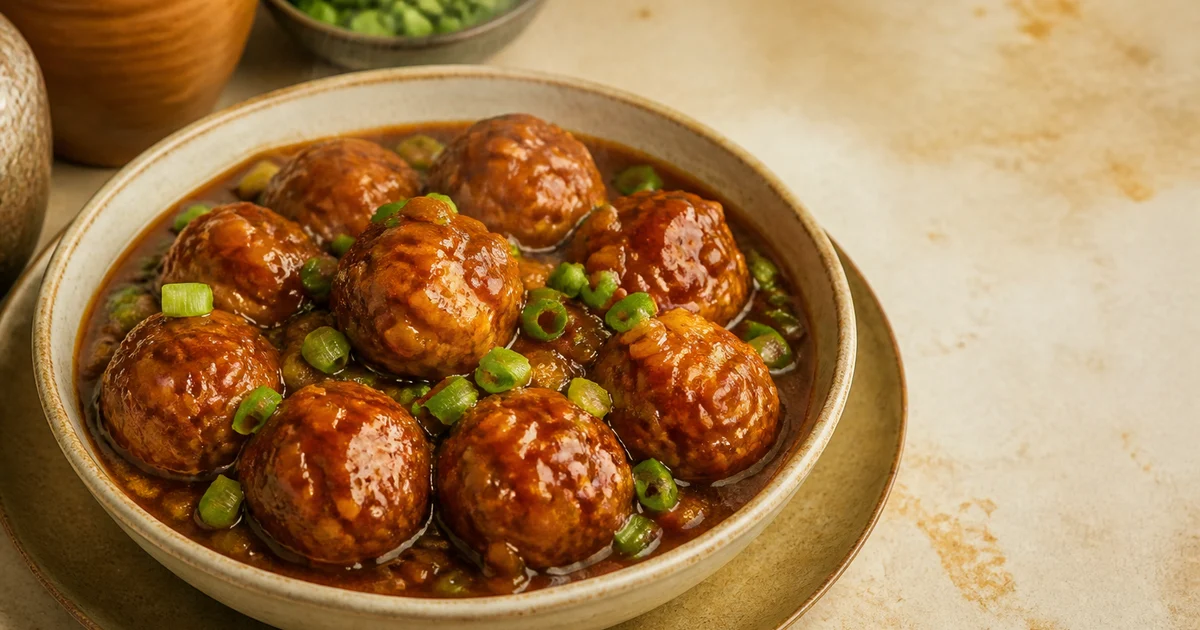 A bowl of glossy chicken Manchurian balls in dark savoury gravy with capsicum, onion and sliced spring onion.