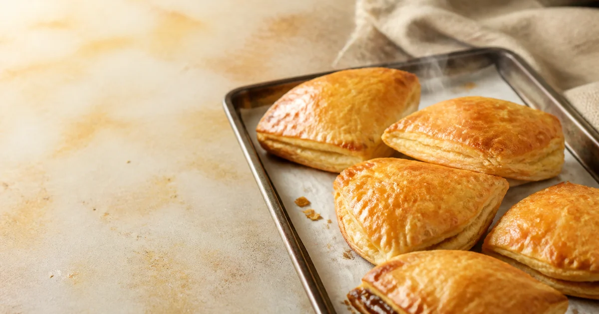 Golden rectangular chicken patties with flaky laminated pastry arranged on a commercial bakery tray.