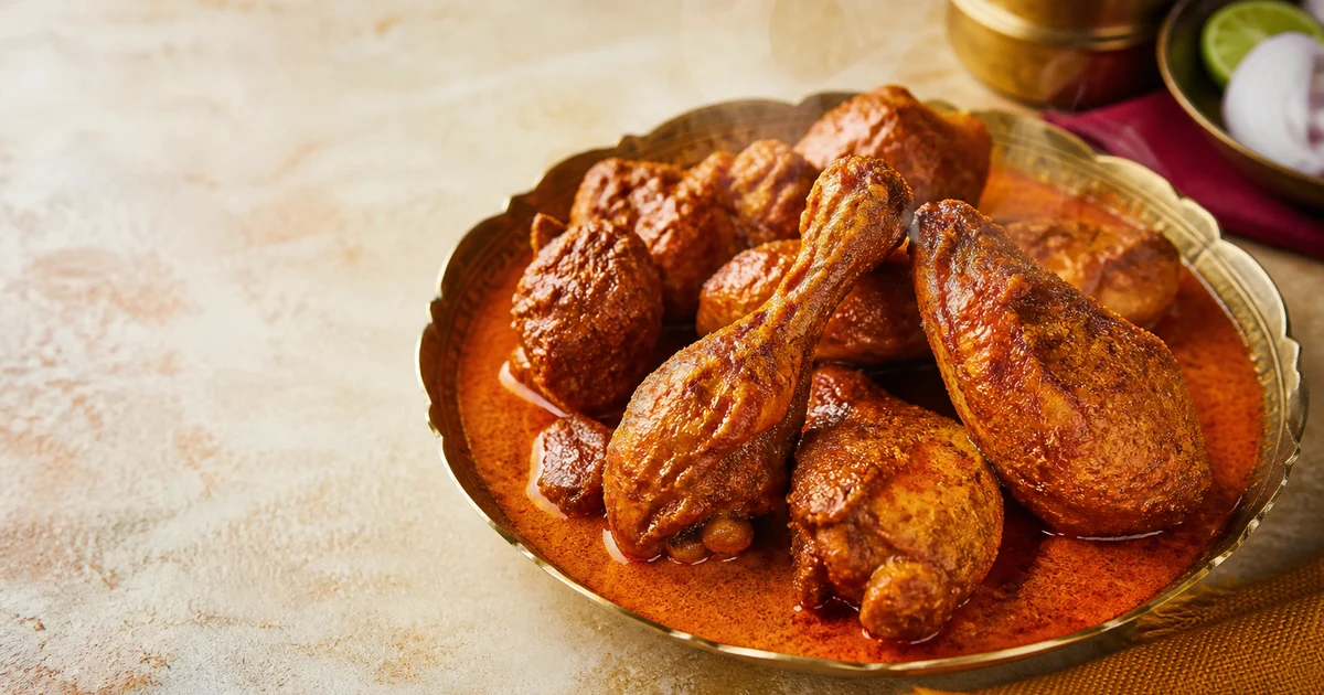 Biye-bari style Bangladeshi chicken roast quarters served in a thick golden sweet-savoury gravy with raisins and green chillies.