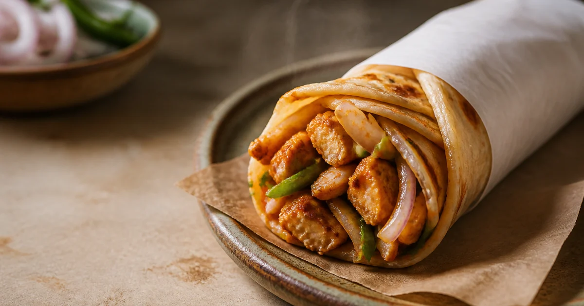 A freshly cooked Bangladeshi chicken roll with flaky egg-coated paratha, spiced chicken, onion, cucumber and sauces.