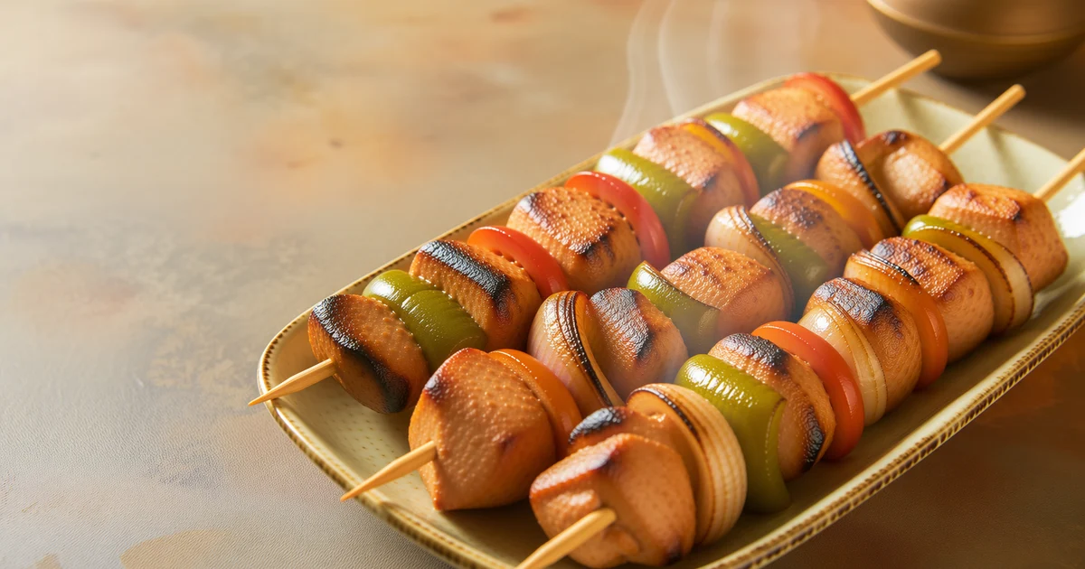 Grilled chicken shashlik skewers with onion, capsicum and tomato served beside a portion of fried rice.