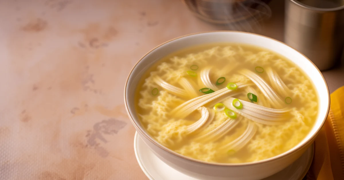 A bowl of thick Chinese-style chicken soup with shredded chicken, sweet corn, egg ribbons, diced carrot and spring onion.