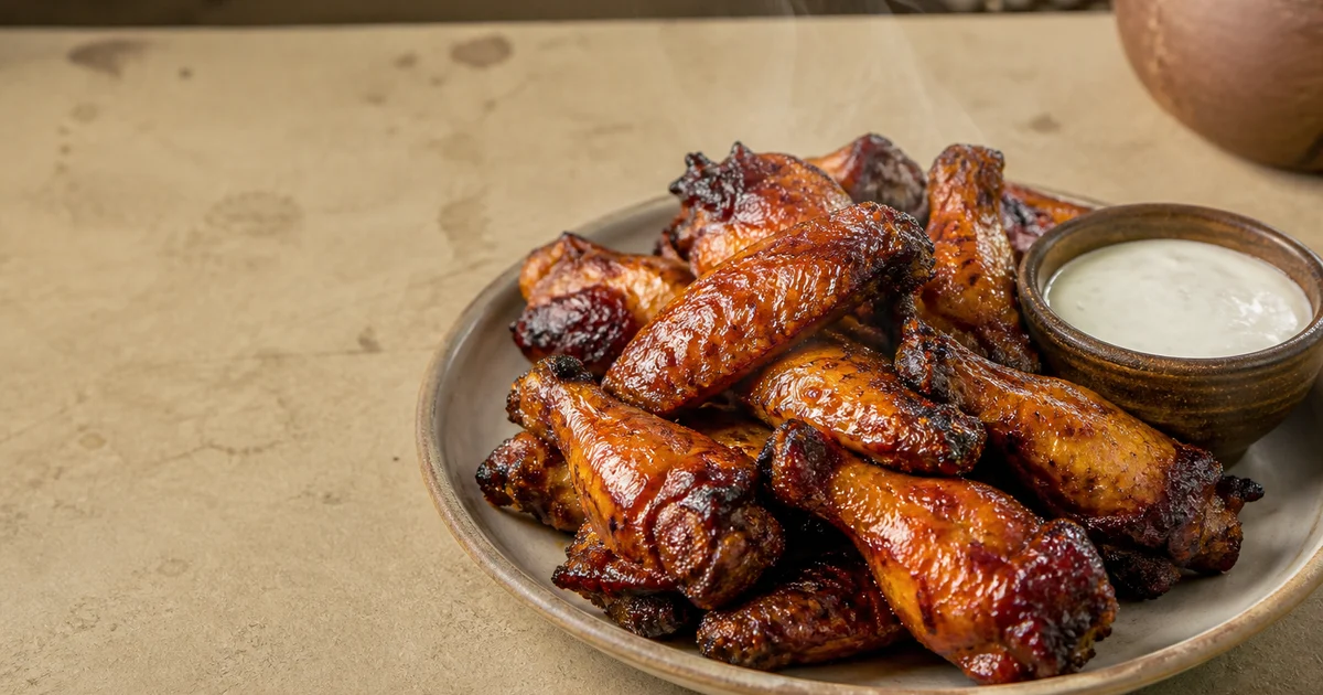 A plate of golden crispy chicken wings coated in spicy garlic sauce and garnished with sliced spring onion.