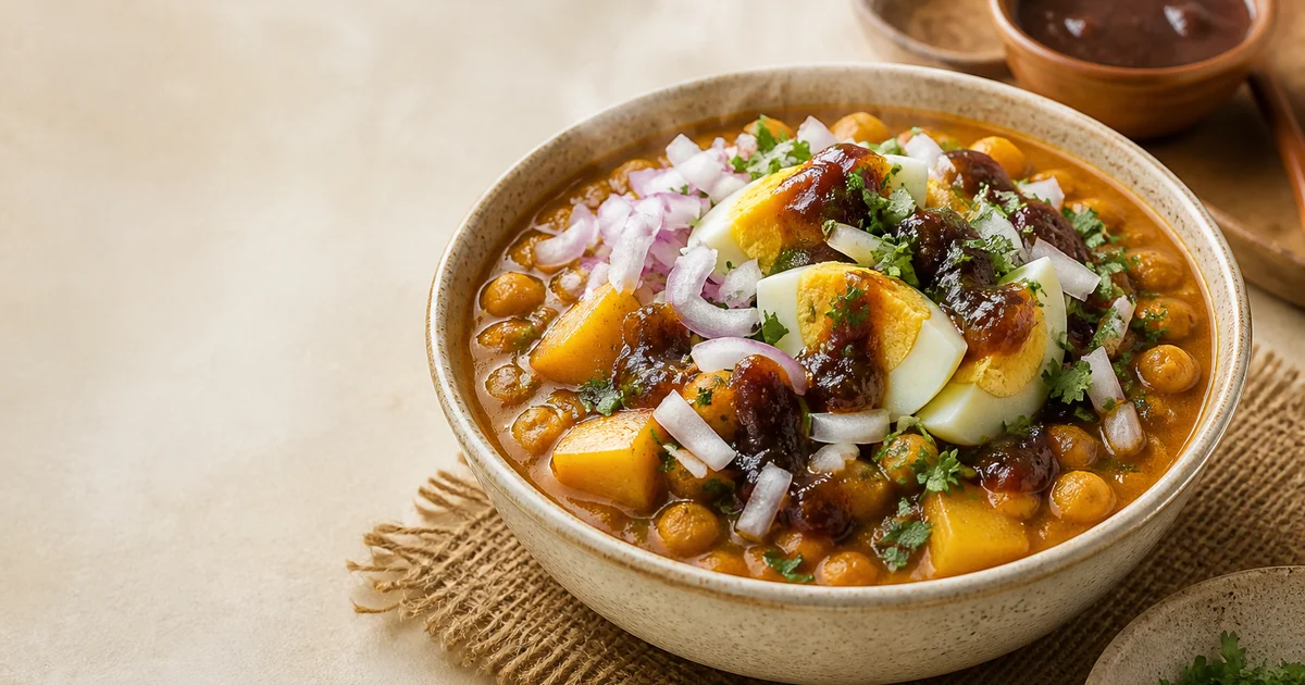 A plate of Bangladeshi chotpoti topped with boiled egg, onion, cucumber, coriander, tamarind chutney and crushed fuchka.