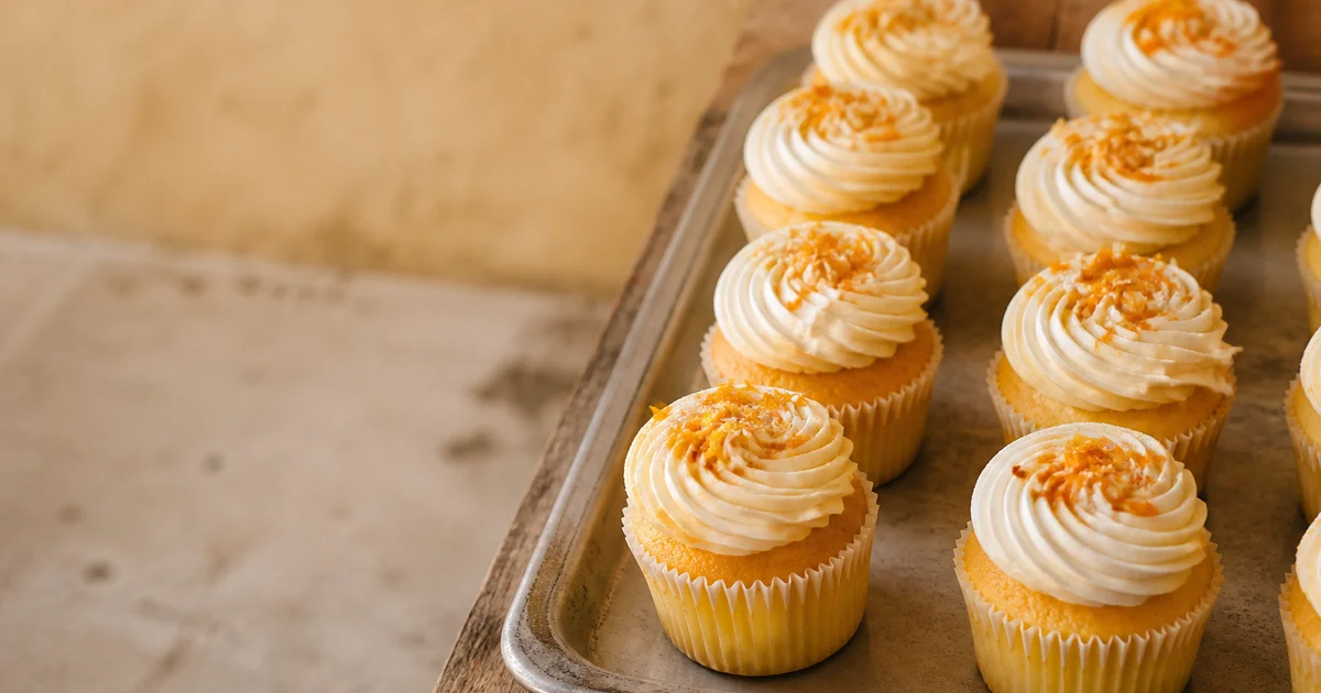 Vanilla bakery cupcakes in white paper liners topped with evenly piped swirls of pale buttercream.