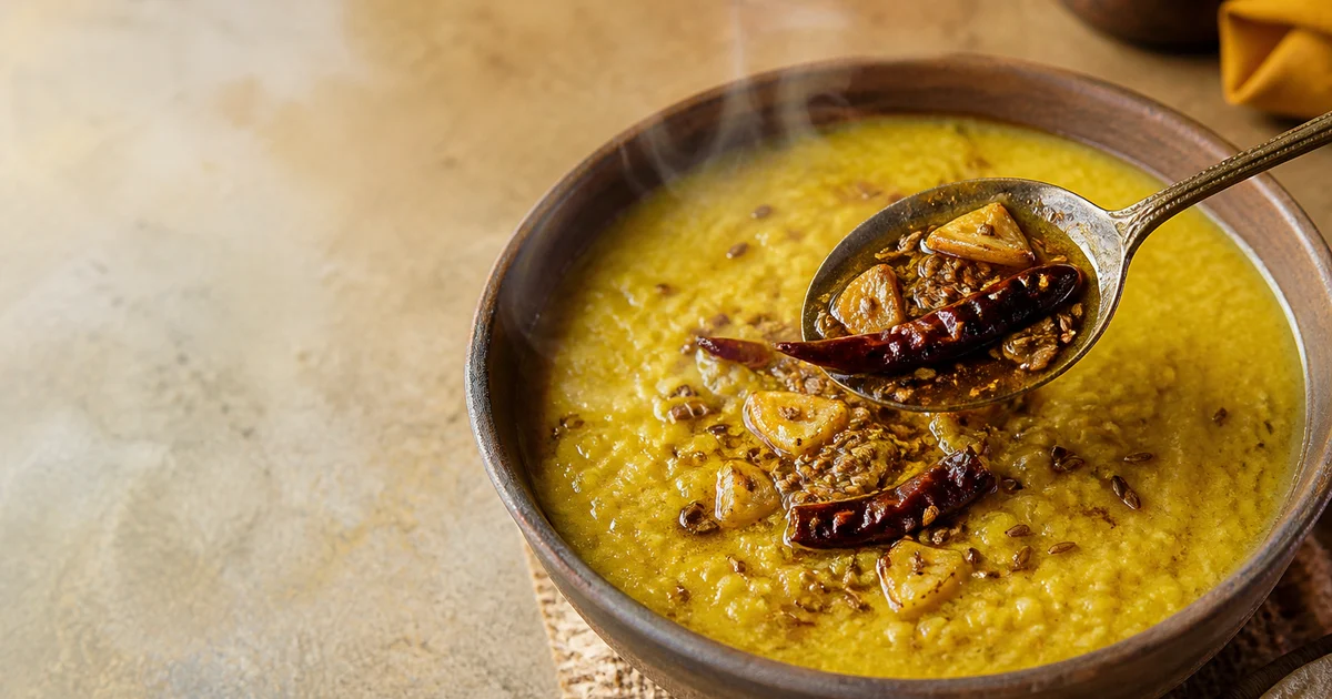 A stainless-steel serving bowl of golden Bangladeshi restaurant-style dal topped with fried onion, garlic, dried red chilli and coriander.