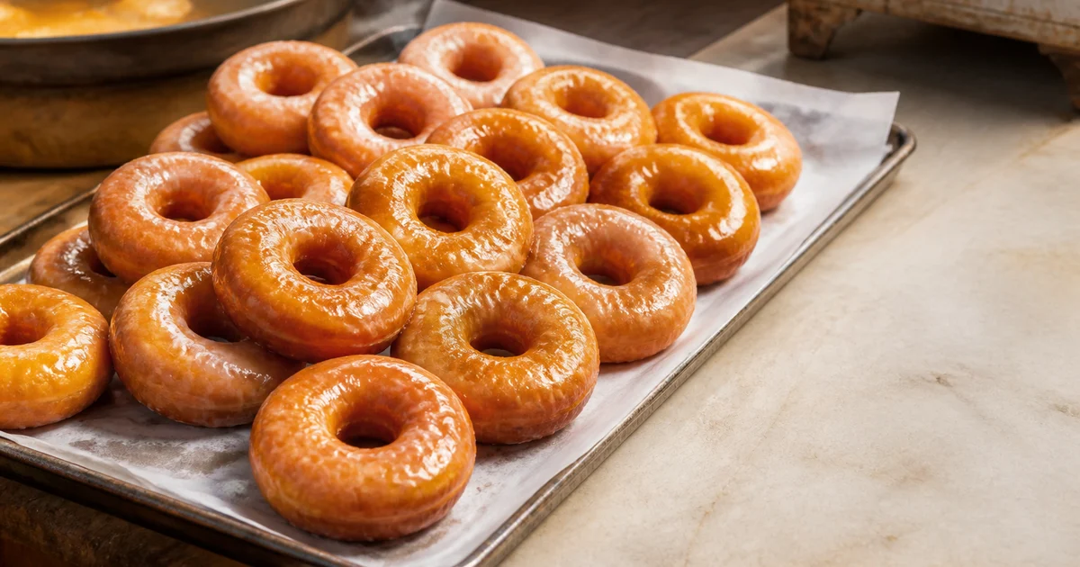 Freshly fried ring donuts with an even golden crust and white sugar glaze cooling on a bakery rack.