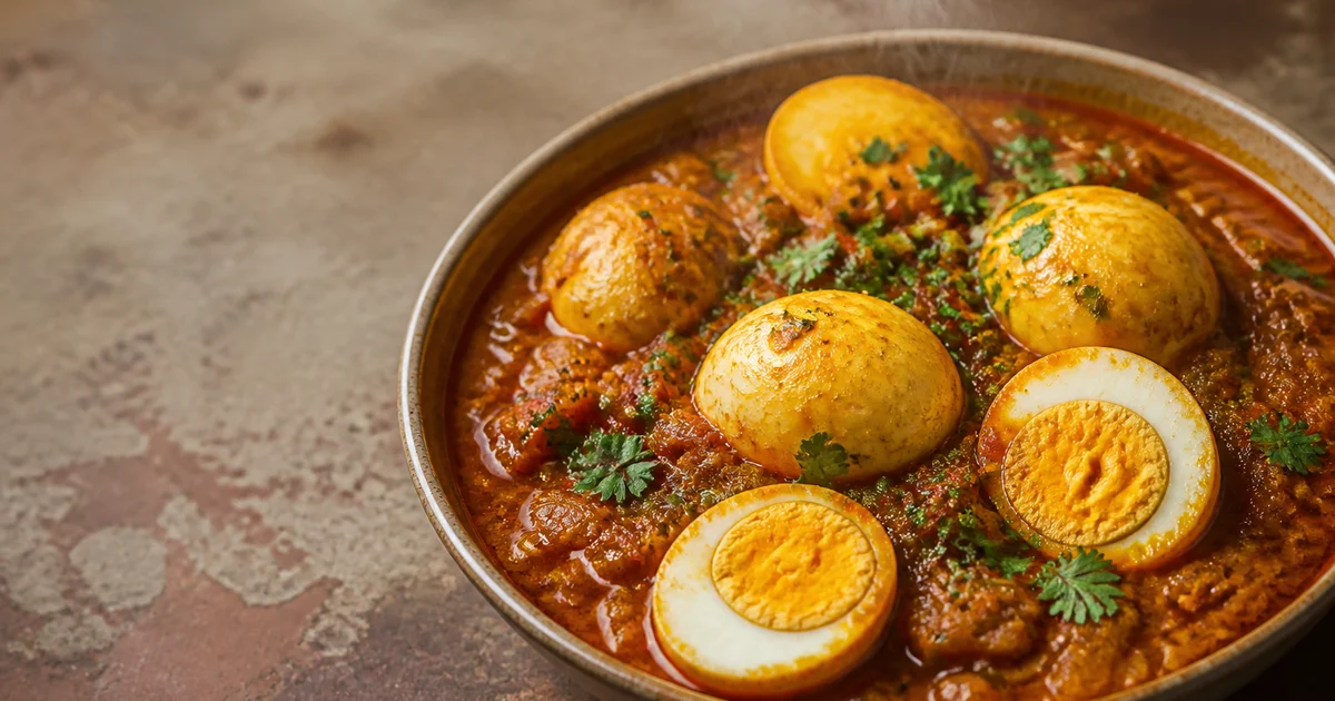 Bangladeshi egg curry with golden fried boiled eggs in thick onion and tomato gravy, garnished with green chillies and coriander.