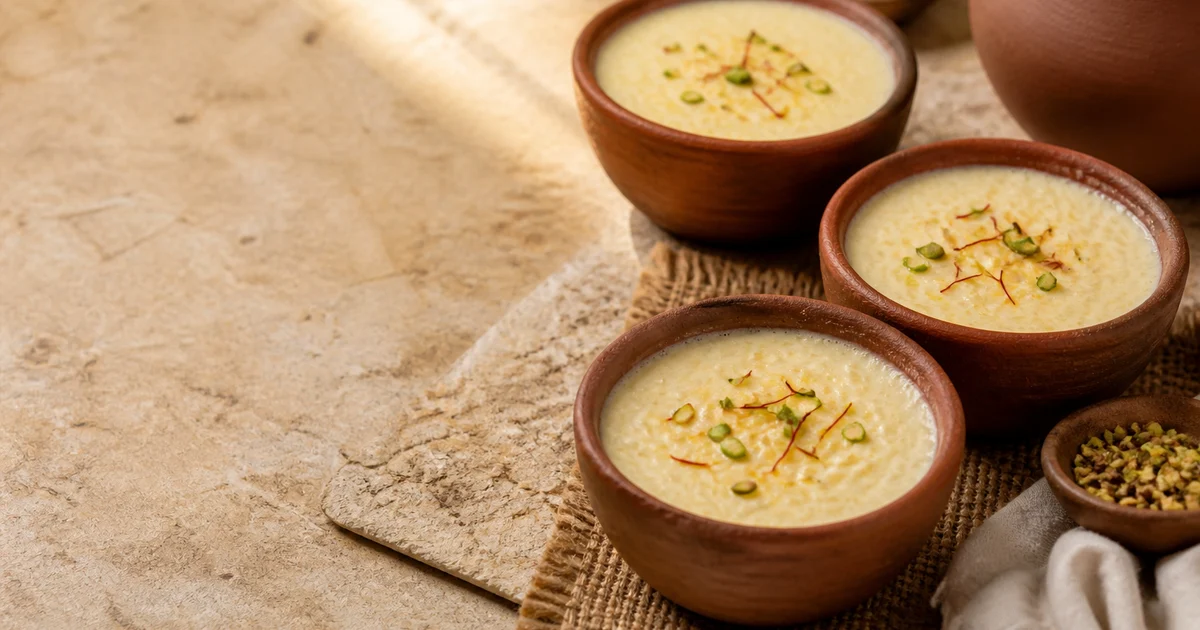 Chilled Bangladeshi firni set in small clay bowls and garnished with sliced almonds and pistachios.