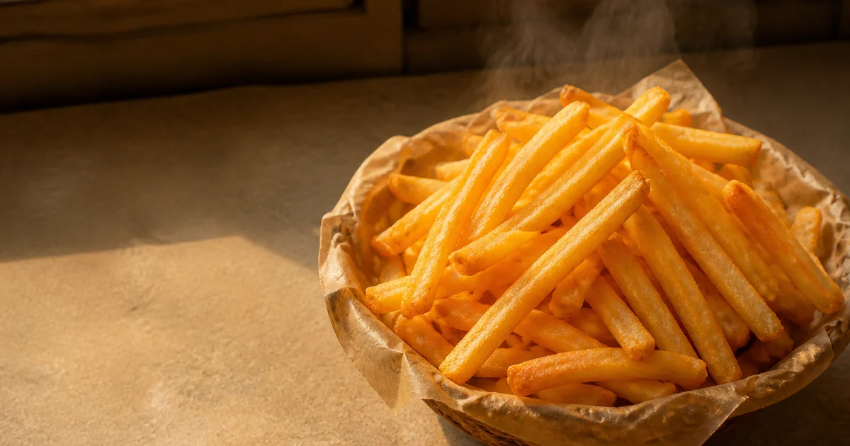 A commercial serving of golden restaurant French fries with crisp edges and fluffy potato centres.