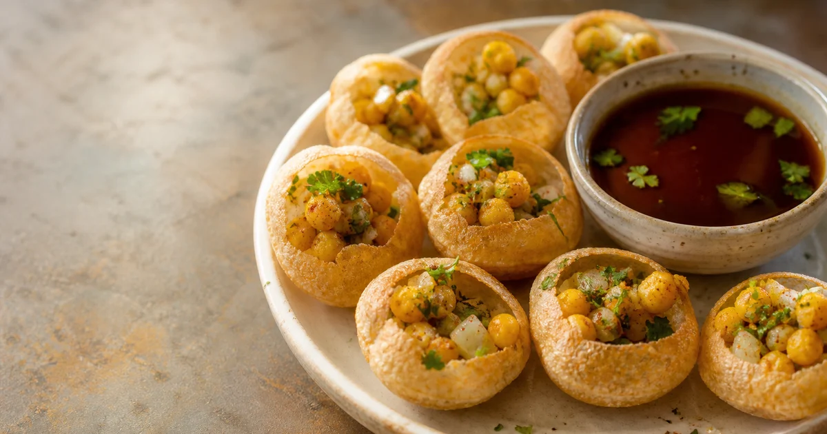 Bangladeshi fuchka shells filled with spiced potato and chickpeas, served with grated egg and chilled tamarind water.