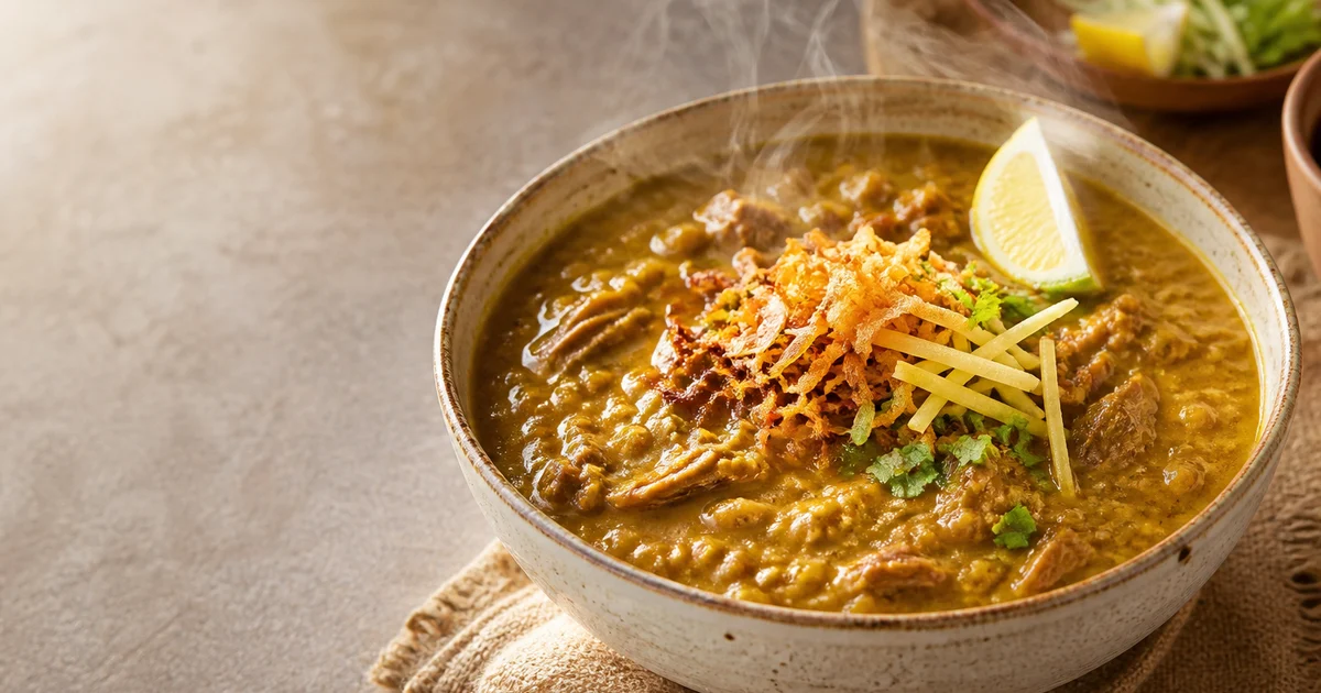 A bowl of thick Bangladeshi beef halim topped with beresta, coriander, green chilli, ginger julienne and lemon.