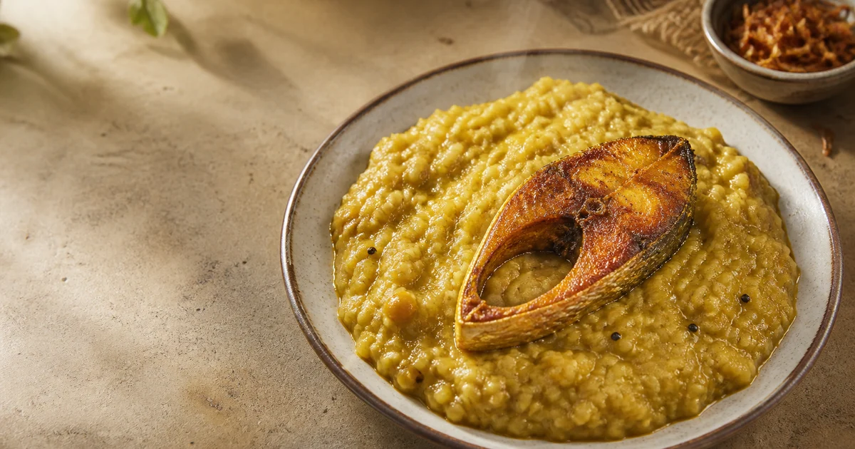 A restaurant plate of golden moong dal khichuri topped with a fried bone-in hilsa steak, green chillies and caramelised onion.