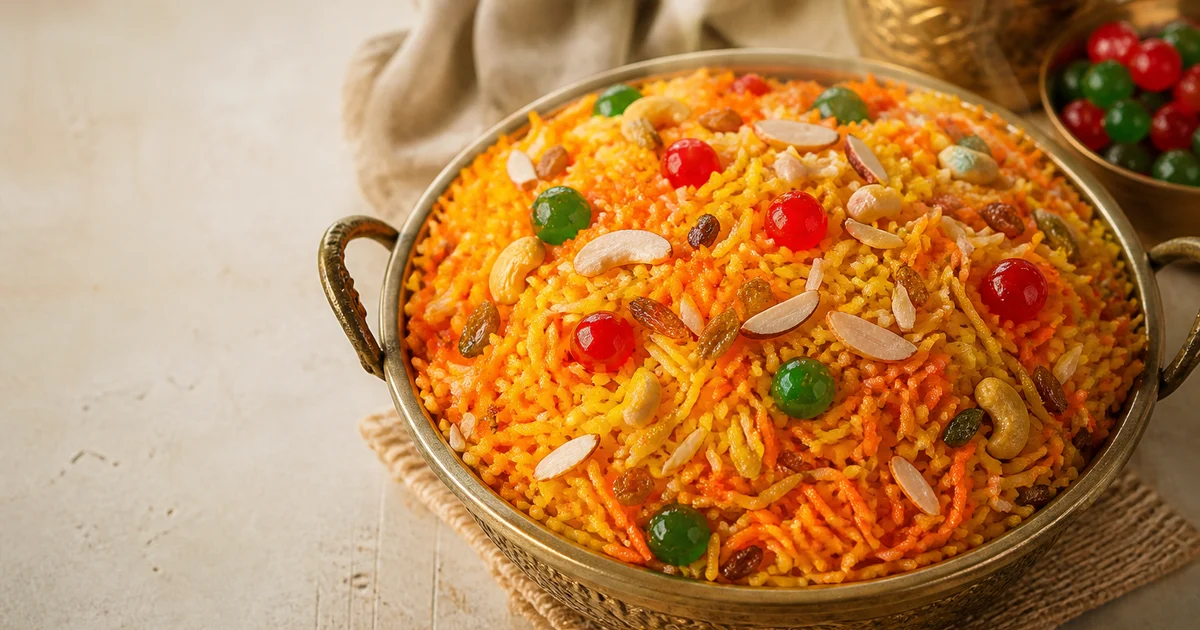 A serving tray of bright orange Bangladeshi jorda with separate rice grains, cashews, raisins, morobba and boondi.