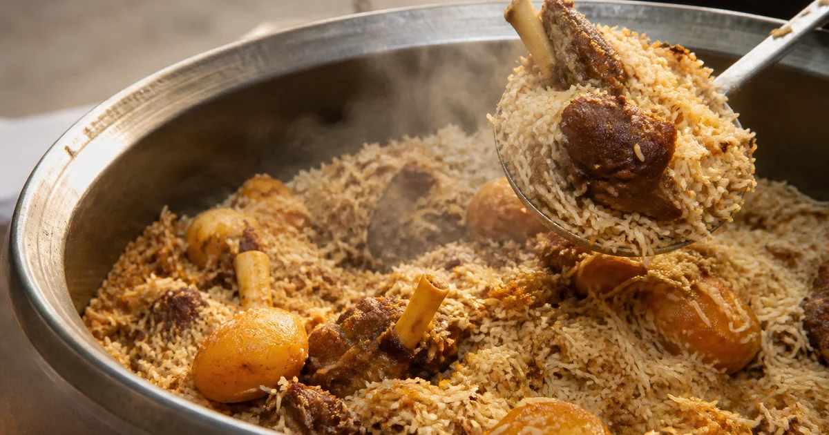 A large degh of Bangladeshi kacchi biryani with fragrant Chinigura rice, bone-in mutton, golden potatoes and fried onion.