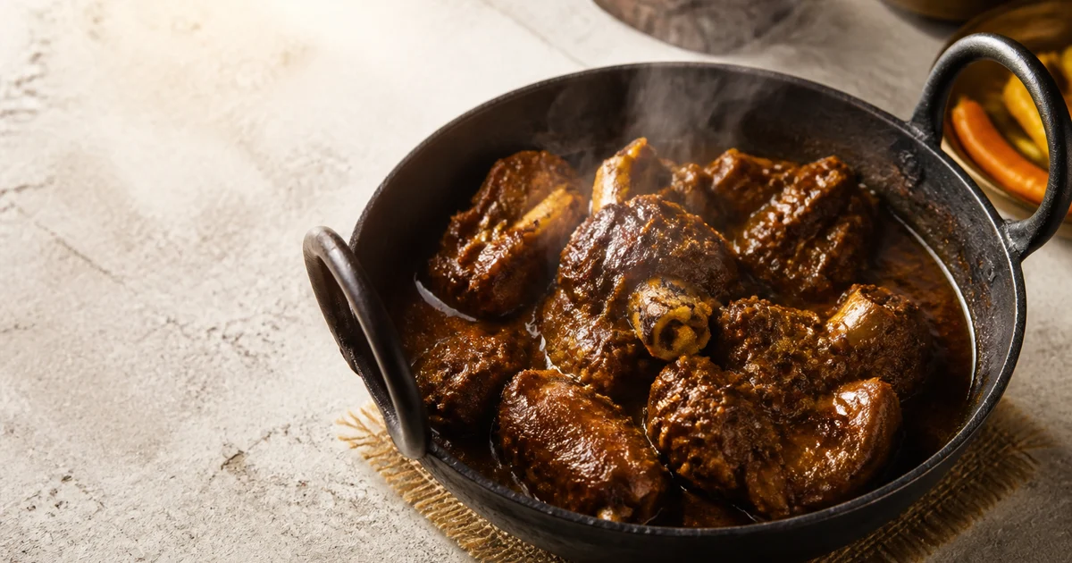 Dark Bengali Kosha Mangsho with slow-cooked bone-in mutton, potatoes and thick spiced onion gravy in a serving bowl.