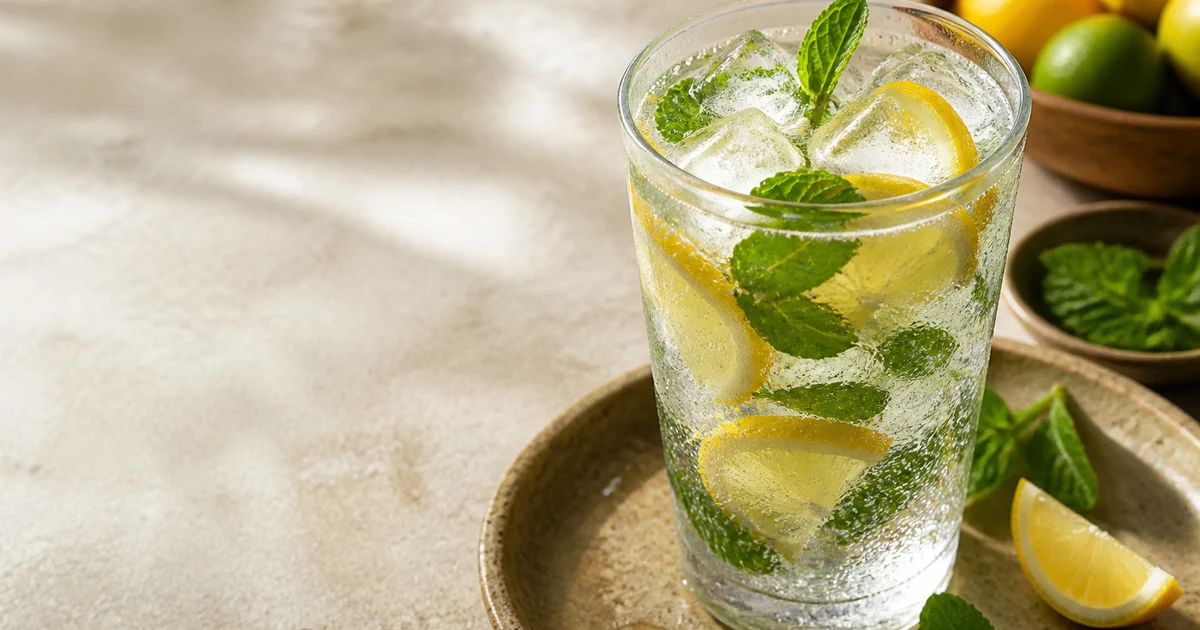 A clear glass of Bangladeshi lemon soda with ice, fresh lemon slices and visible carbonation bubbles.