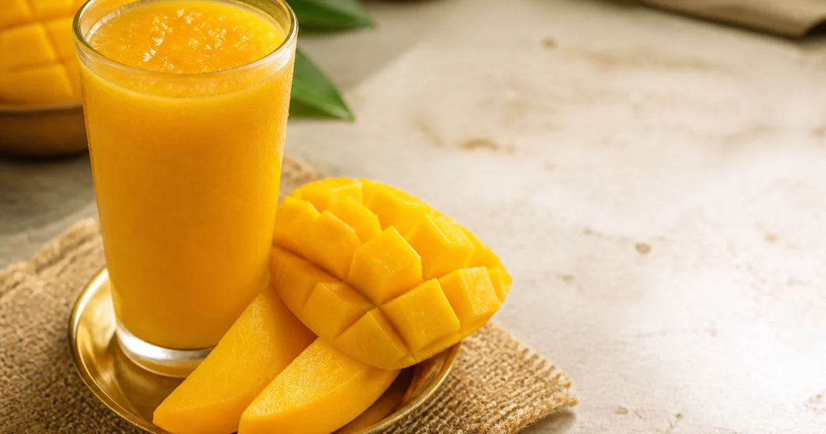 A chilled glass of thick golden fresh mango juice served with ripe mango pieces on a restaurant counter.