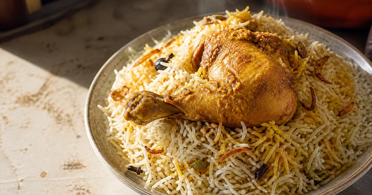 A large serving platter of Bangladeshi morog polao with aromatic rice, golden chicken quarters, fried onions and green chillies.