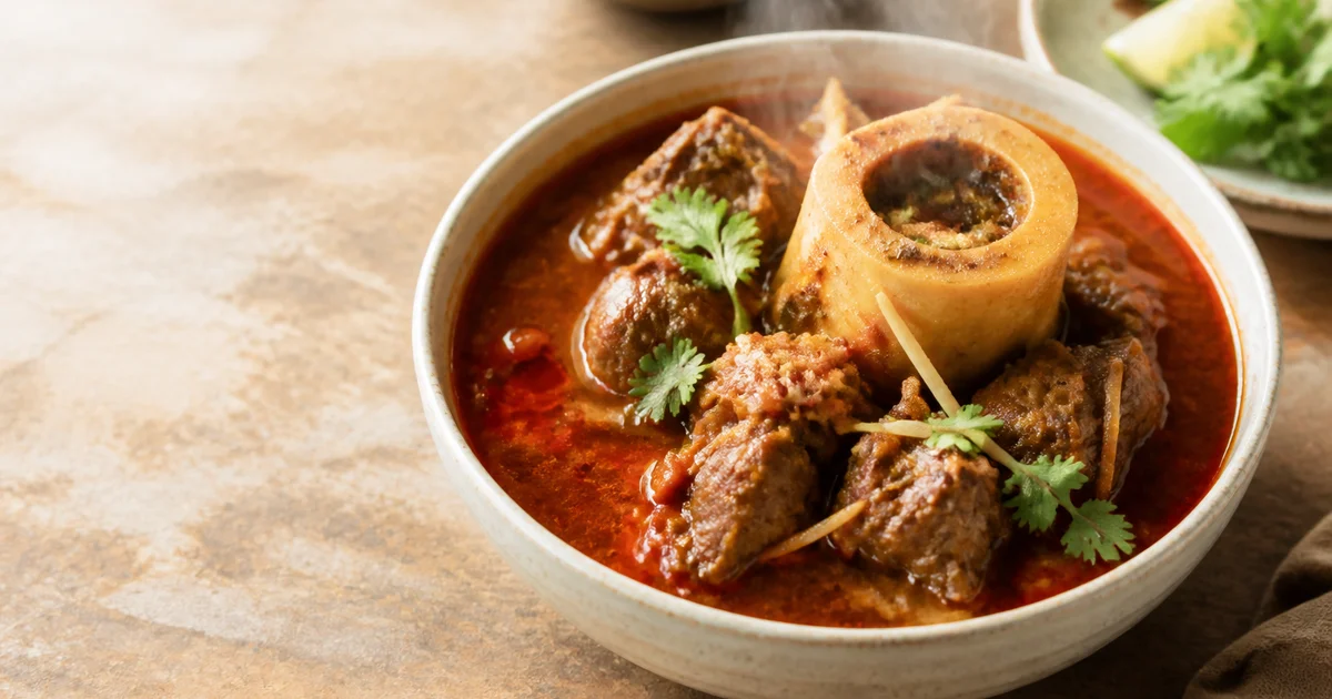 A bowl of Bangladeshi beef nihari with tender shank meat, thick spiced gravy, sliced ginger, coriander and lemon.