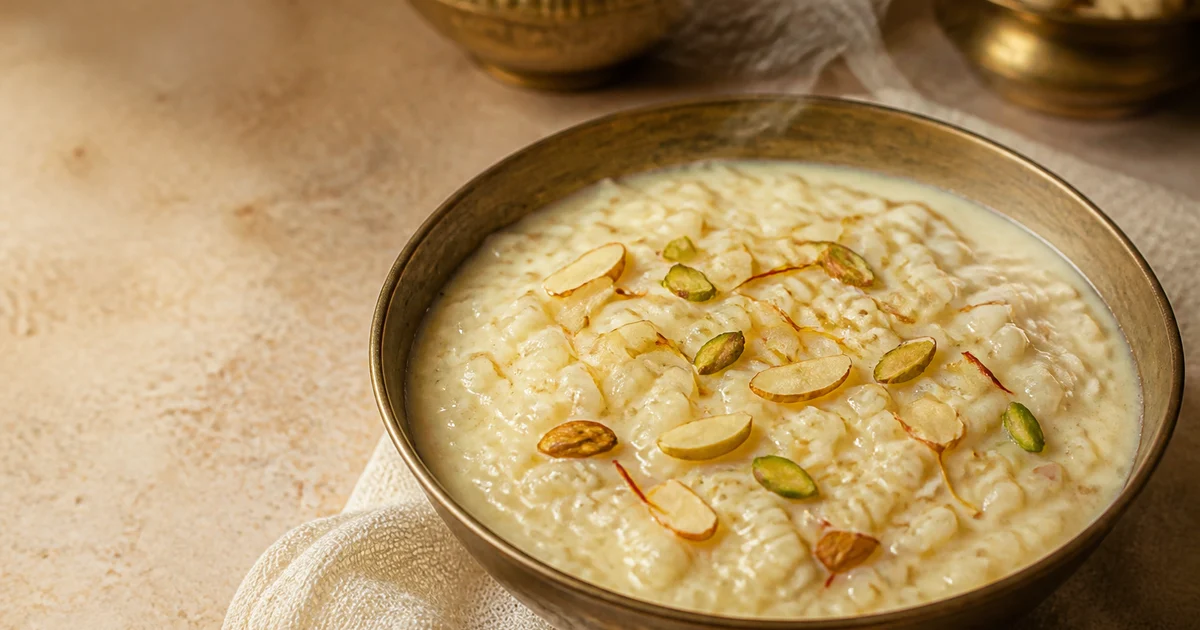 Bowls of creamy Bangladeshi chaler payesh topped with cashew nuts and raisins for restaurant service.