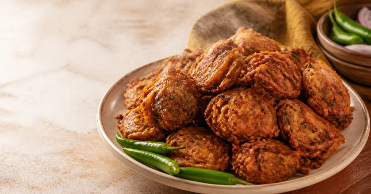 A tray of freshly fried Bangladeshi piyaju with rough golden edges, sliced onion, green chilli and coriander visible.