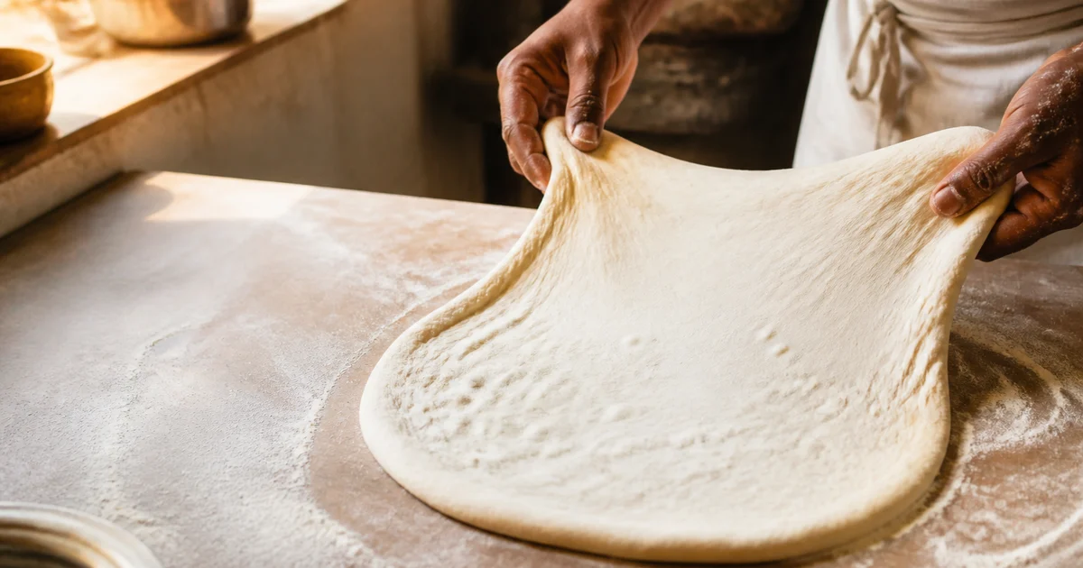 Cold-fermented pizza dough balls portioned in trays beside a freshly baked medium-crust restaurant pizza.