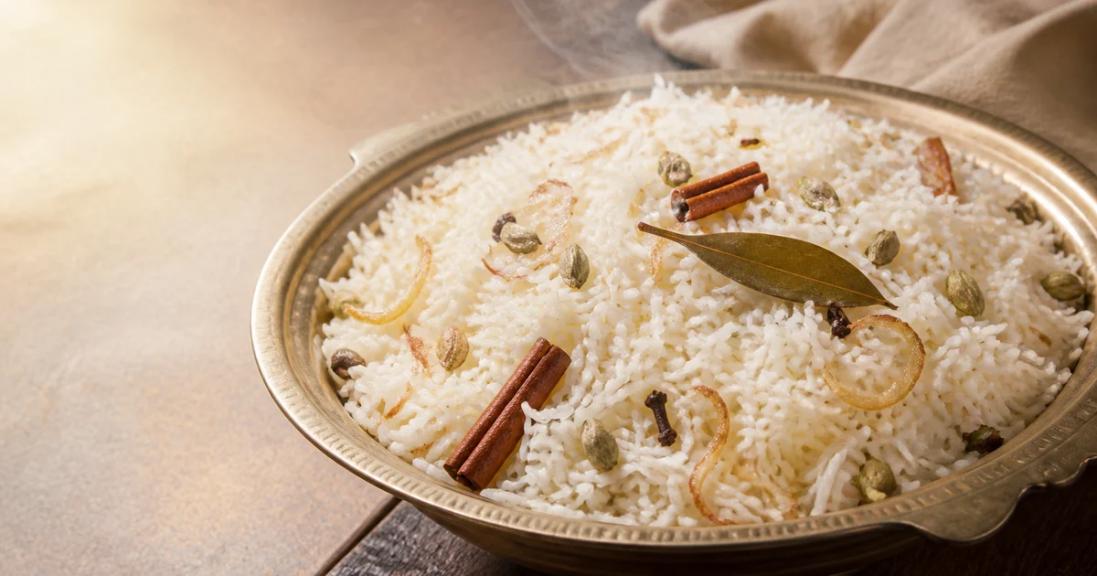আলাদা সুগন্ধি চালের দানা, ভাজা পেঁয়াজ ও গোটা মসলা দেওয়া বাংলাদেশি প্লেইন পোলাওয়ের বড় সার্ভিং ট্রে।