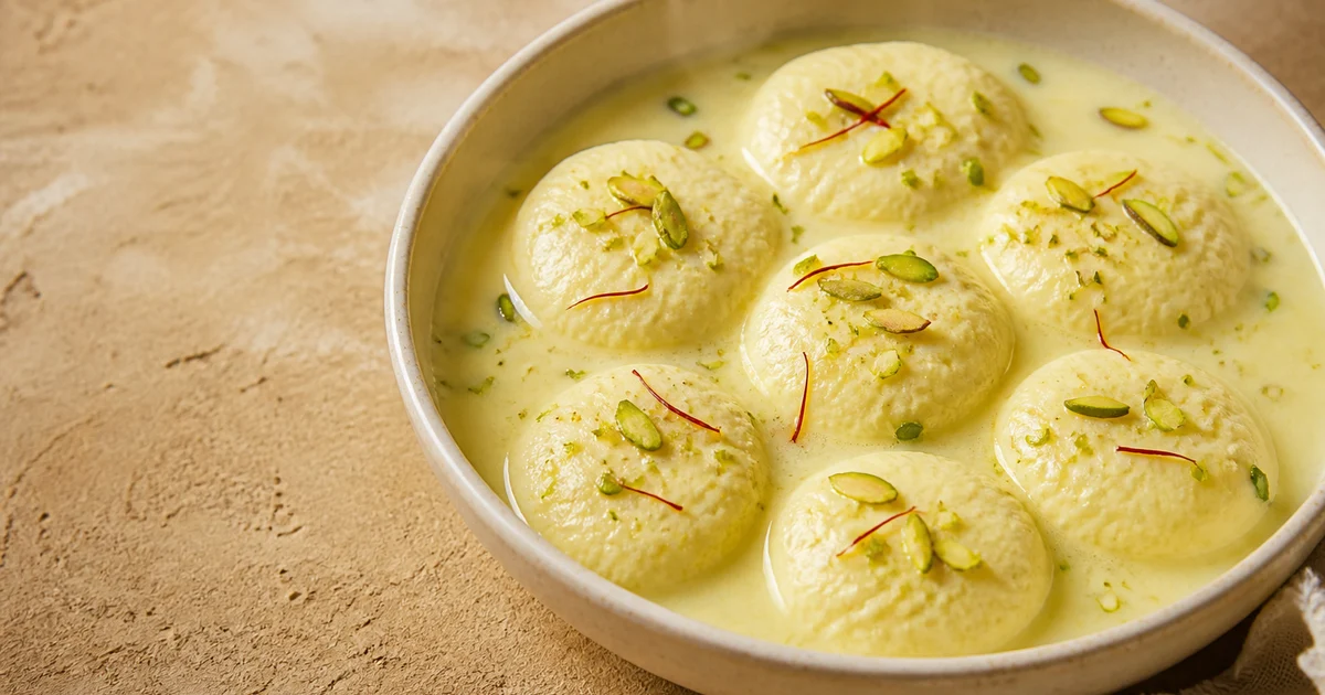 Chilled Bangladeshi roshmalai with two soft chhana discs submerged in cardamom rabri and garnished with sliced pistachios.