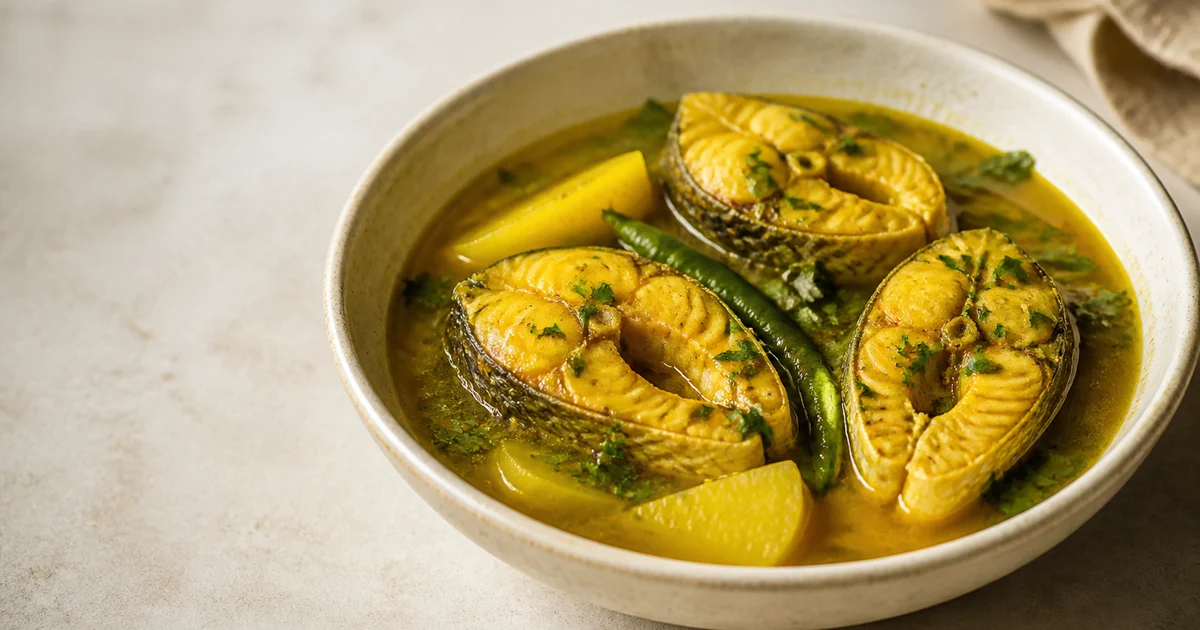 A serving bowl of Bangladeshi Rui macher jhol with a golden fried fish steak, potato pieces, green chillies and light turmeric gravy.