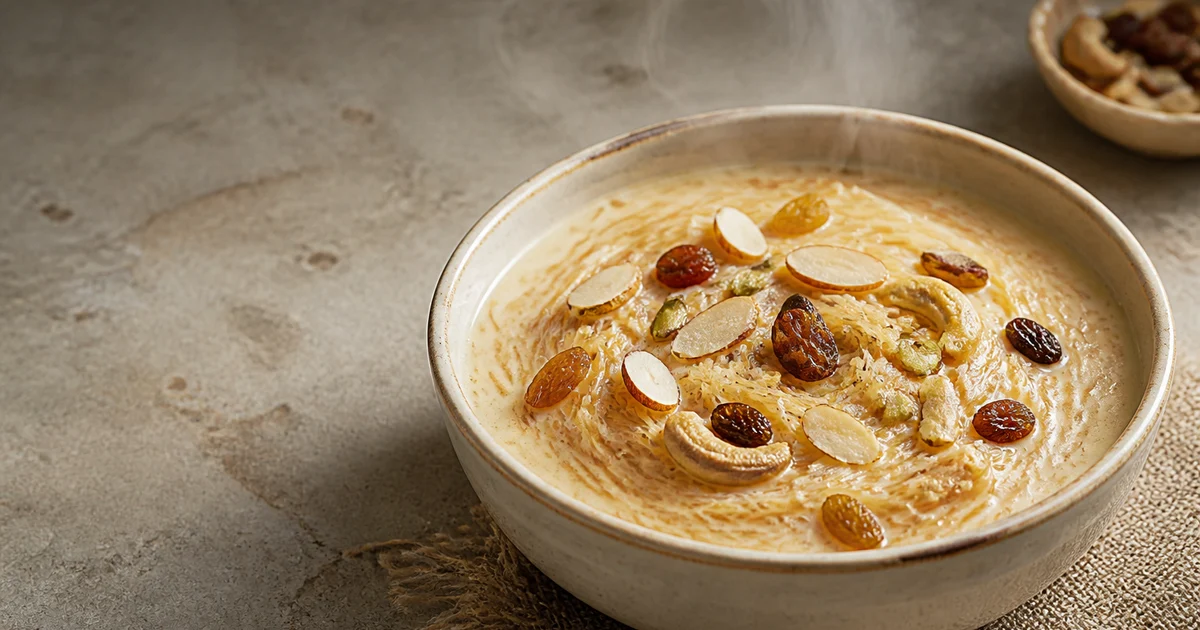 A bowl of creamy Bangladeshi milk shemai topped with roasted cashews, raisins and sliced pistachios.