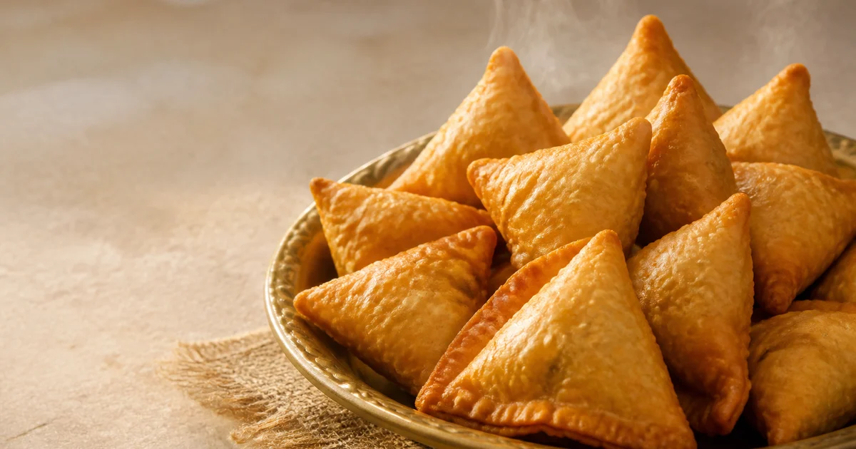 Freshly fried golden Bangladeshi singara with crisp triangular shells and spiced potato filling displayed on a metal serving tray.