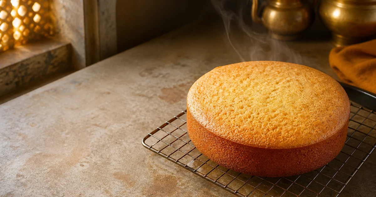 Two golden rectangular bakery sponge cakes cooling on trays beside evenly cut vanilla sponge portions.