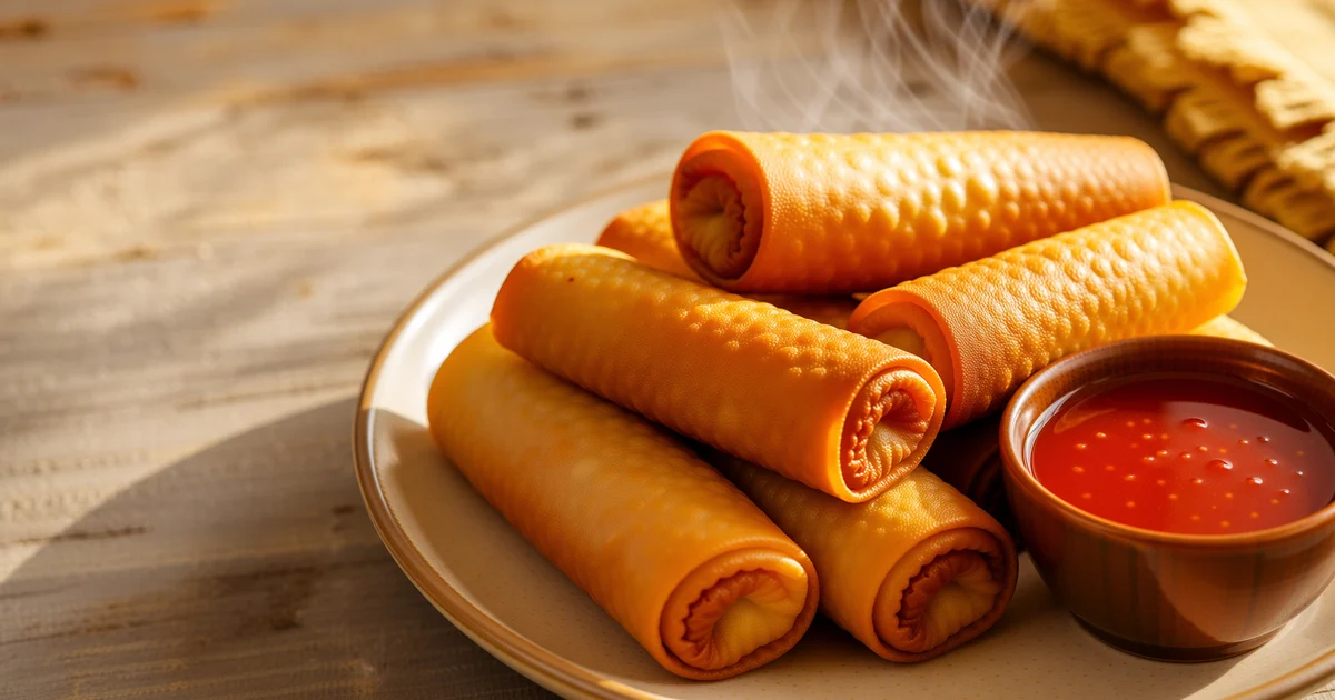 Golden vegetable spring rolls draining on a rack with crisp blistered wrappers and a bowl of dipping sauce.