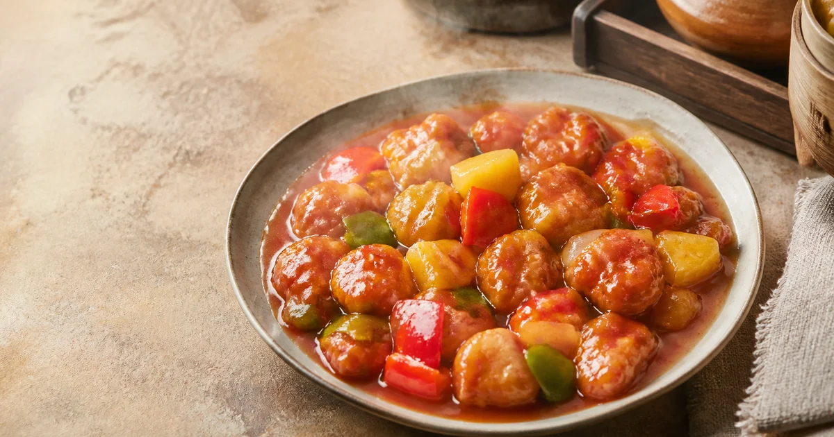 Crisp battered chicken pieces coated in glossy red sweet and sour sauce with capsicum, onion and pineapple.